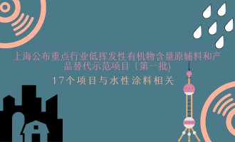 上海发布关于公布重点行业低挥发性有机物含量原辅料和产品替代示范项目（第一批）的通知，17个项目与水性涂料相关。